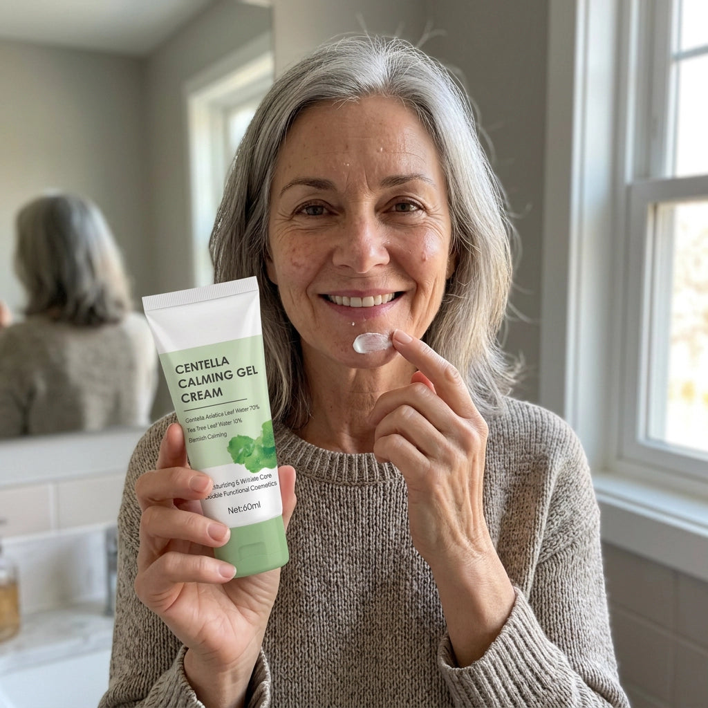 [REPLACE: IMG-3 - woman around 58 applying cream at bathroom mirror, candid UGC]