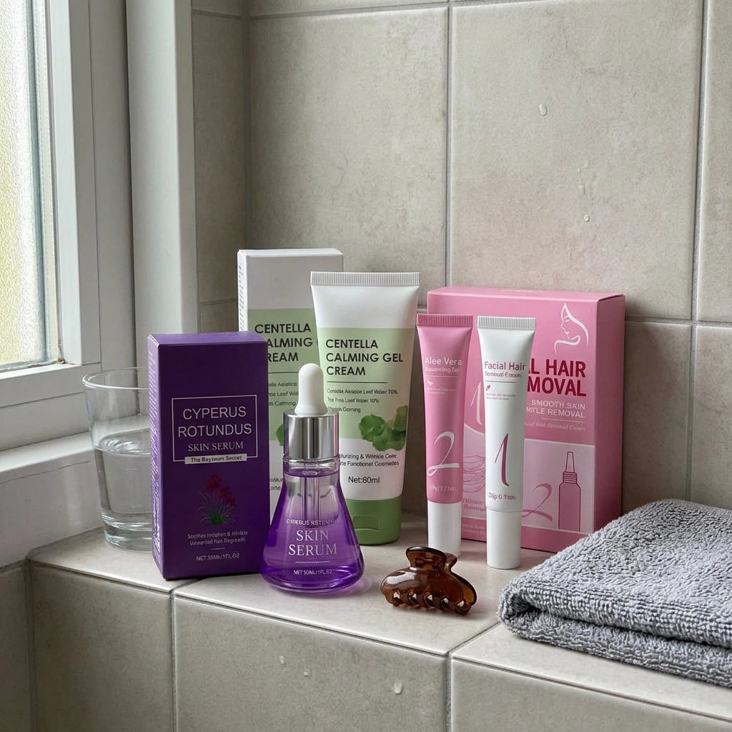 [REPLACE: IMG-4 - three Barevelle products on a real bathroom shelf, morning light]